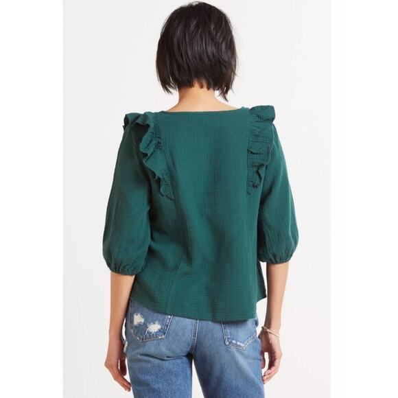 Evereve Francine Ruffle Gauze Emerald Green 3/4 Sleeve 100% Cotton Blouse XS - Picture 2 of 7